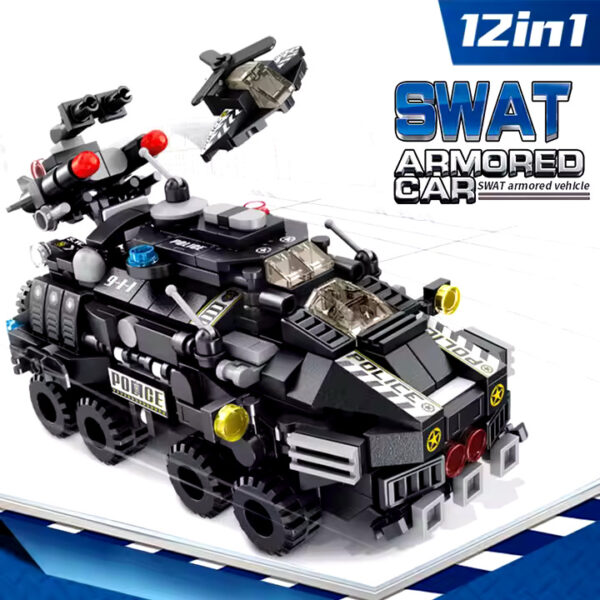 PANLOS 572pcs Military Armored Car Lego Swat Mobile Combat bus 12in 1 City Building Block For 25 Play Style - 633010